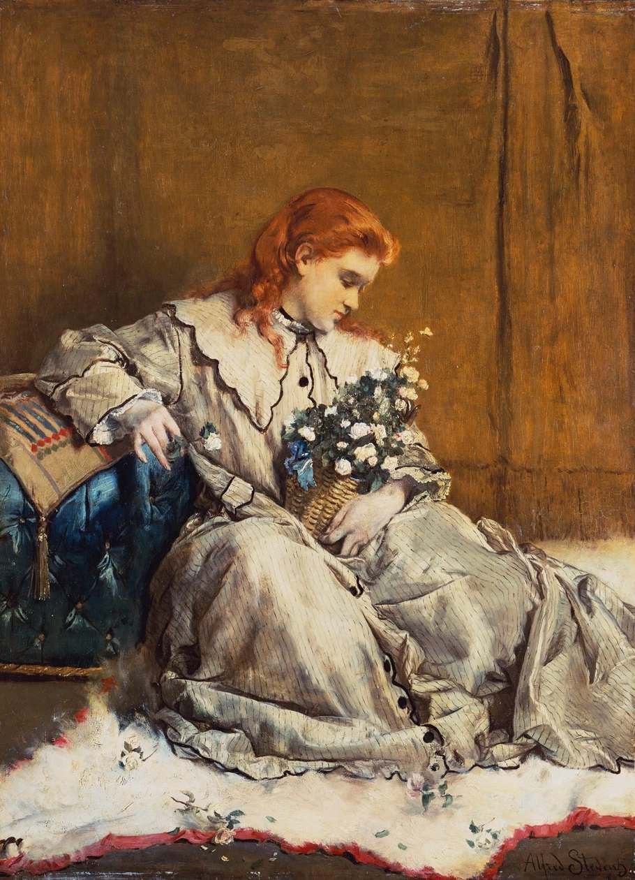 Alfred Émile Stevens - 172, Sogno ad occhi aperti, giovane ragazza dai capelli rossi con ottomana blu